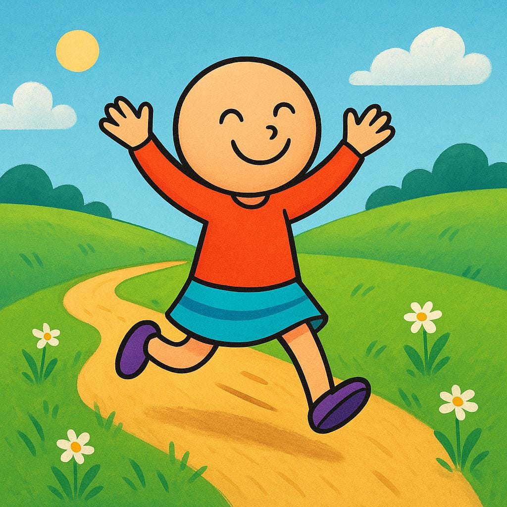 A cheerful figure, drawn simply, skipping happily along a sunny, grassy path, illustrating a feeling of well-being.