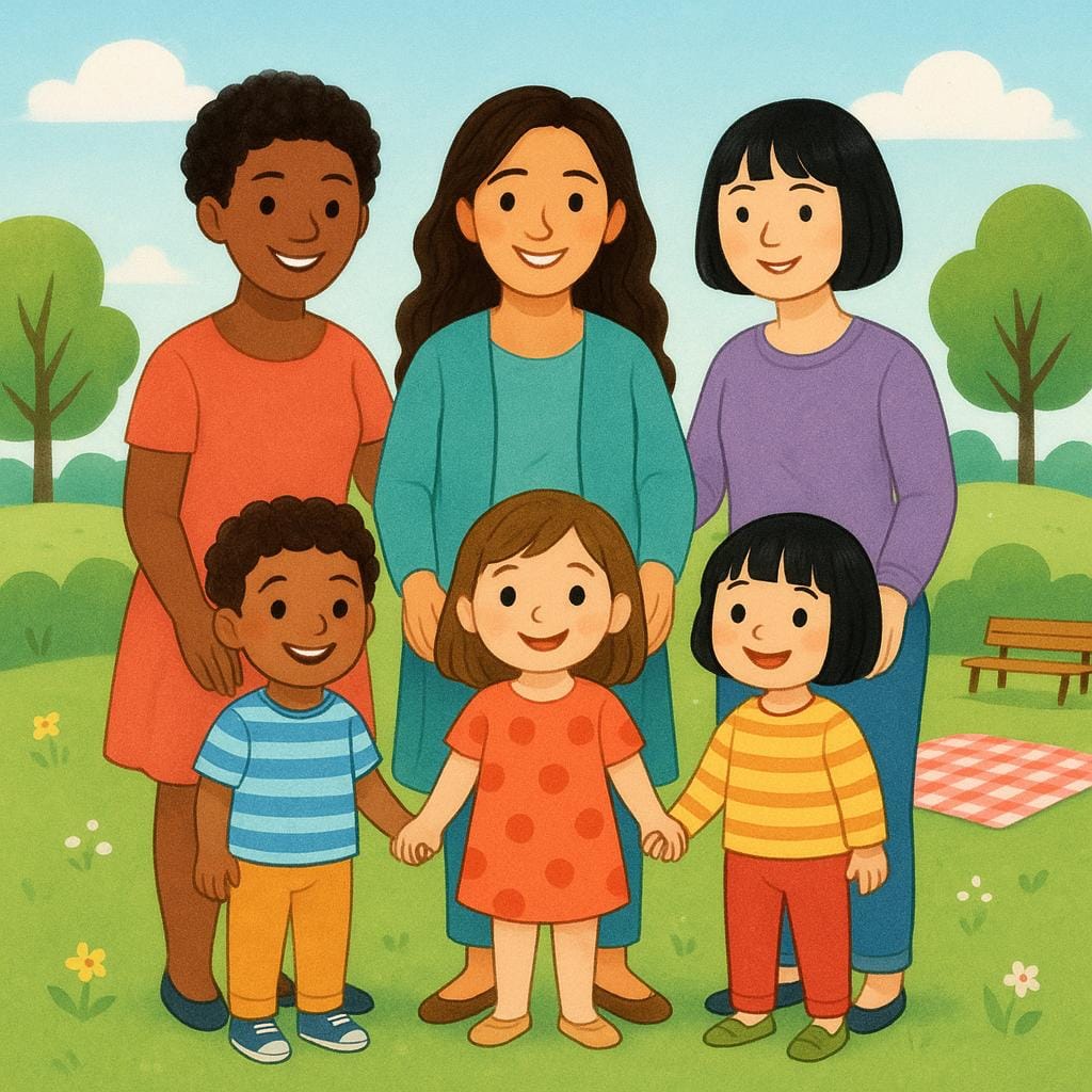 A group of three smiling adult women, each holding the hand of a small child, standing together in a park, illustrating the concept of mothers.