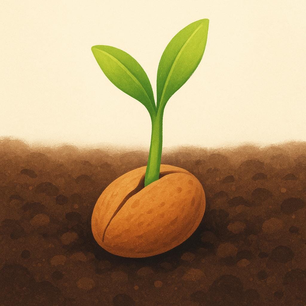 A close-up view of a small brown seed partially buried in dark soil, with a bright green shoot just beginning to emerge from the top of the seed.