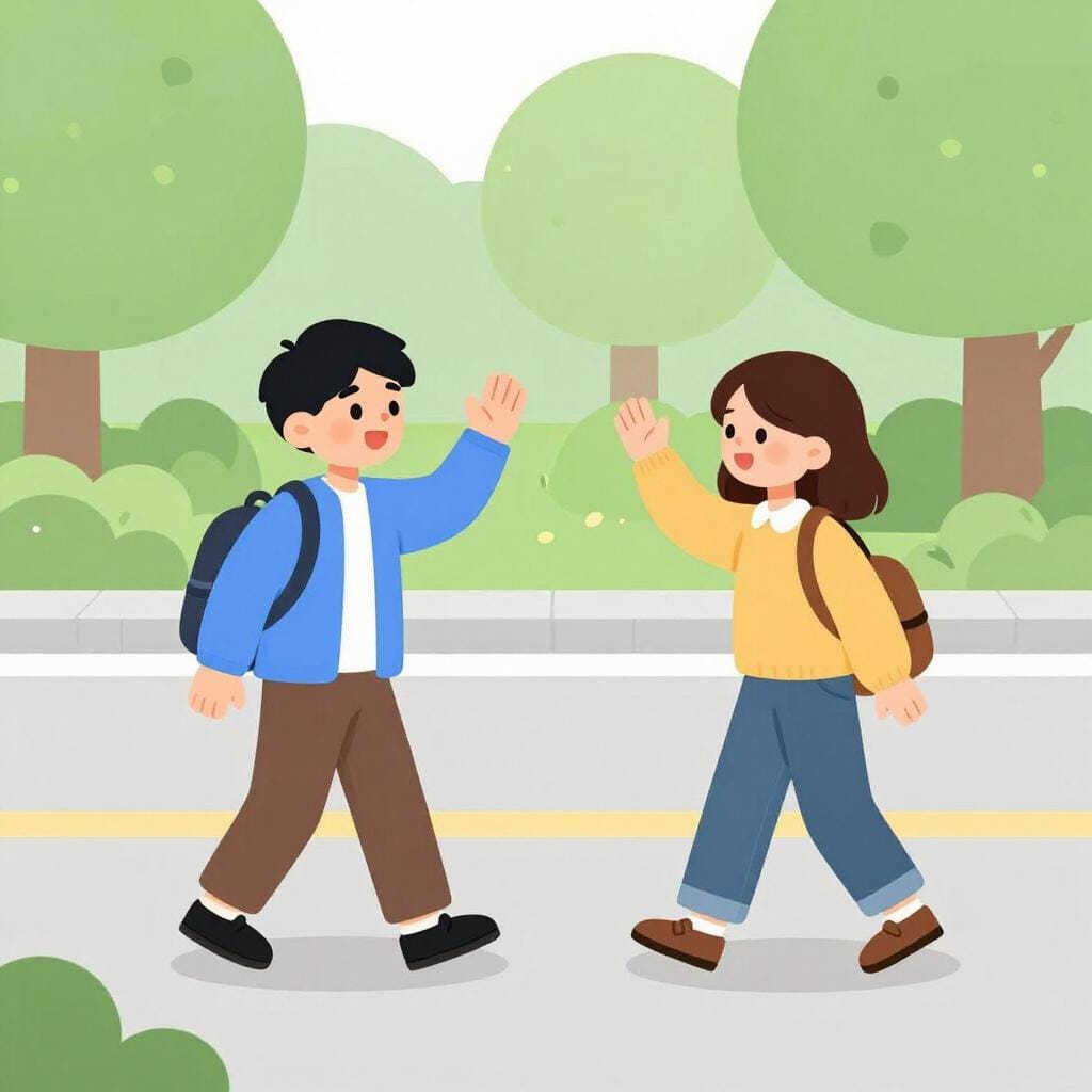 Twee vrienden kijken verrast en blij als ze elkaar op een stoep tegenkomen.