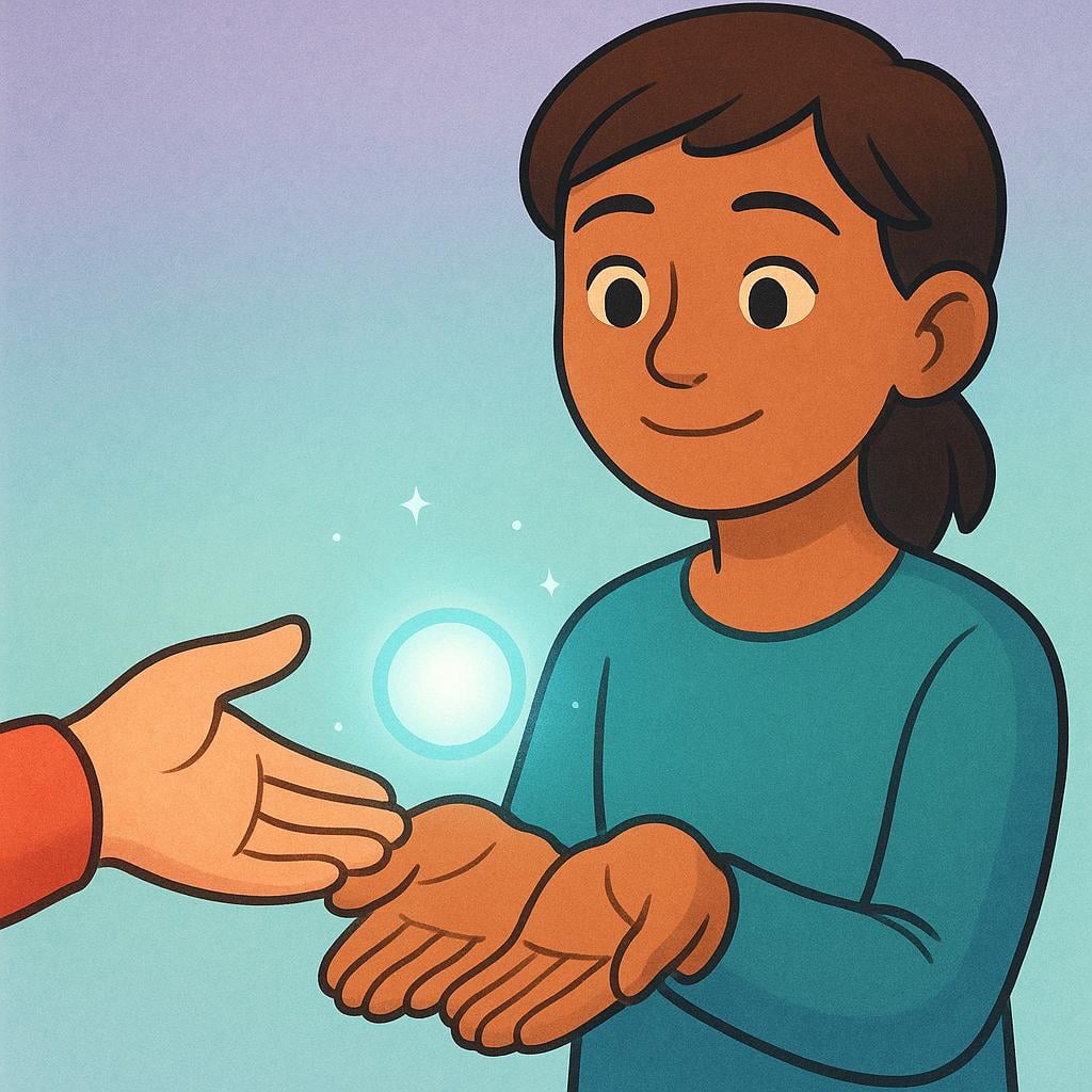 Two figures exchanging a small, glowing orb, symbolizing the acceptance of an idea or truth.