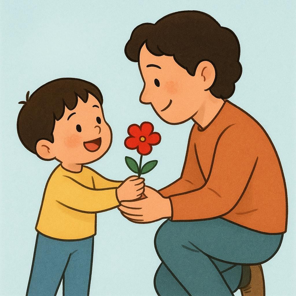 A colorful illustration showing a small child happily presenting a single bright red flower to an adult as a sign of appreciation.