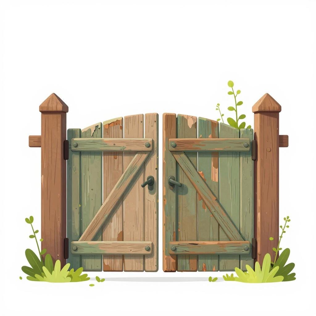 Een klein houten tuinhek met afgebladderde verf en omringd door hoge, overwoekerde onkruiden.