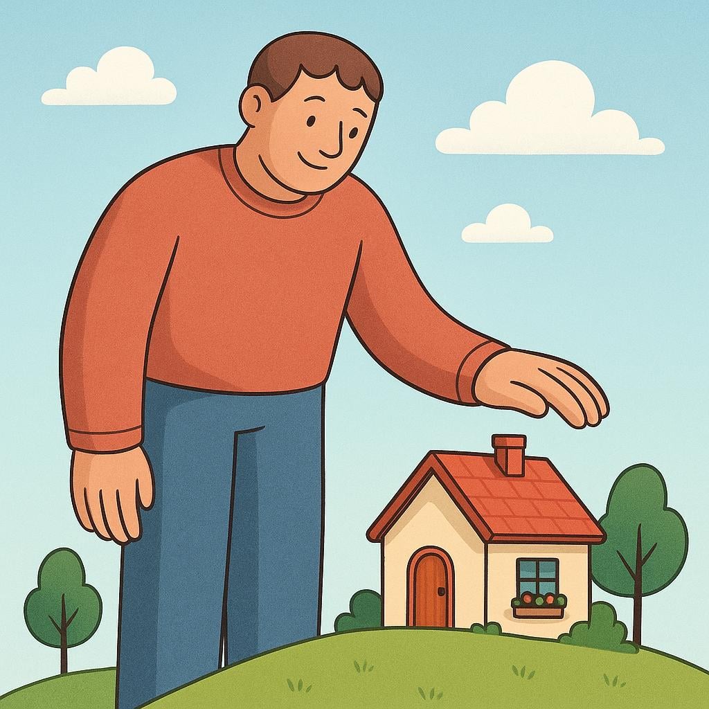 A massive, friendly giant standing next to a small, colorful cottage, showing the vast difference in size.