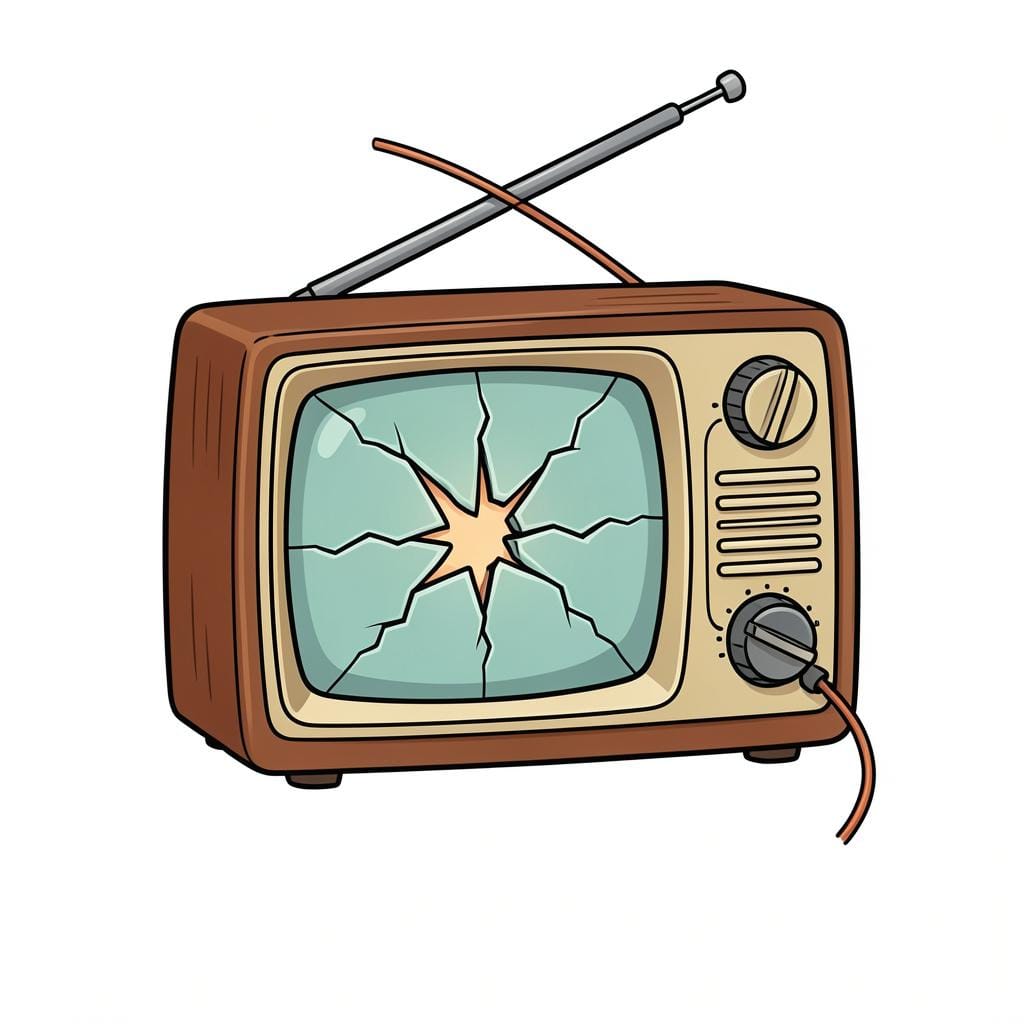 A small handheld radio with a cracked screen and a loose wire hanging out.