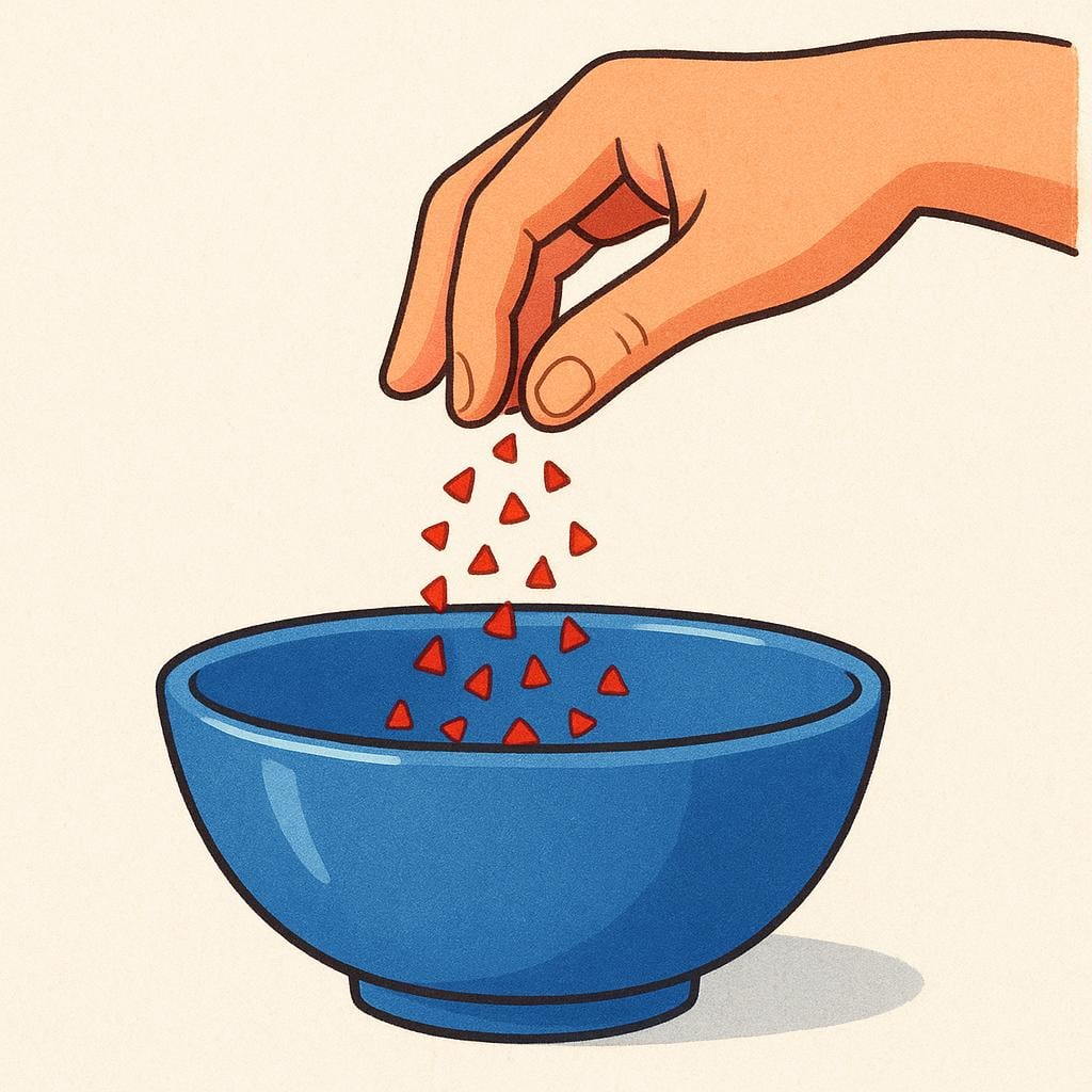 A close-up view of a cartoon hand sprinkling a pinch of bright red spice from its fingertips into a large blue mixing bowl.