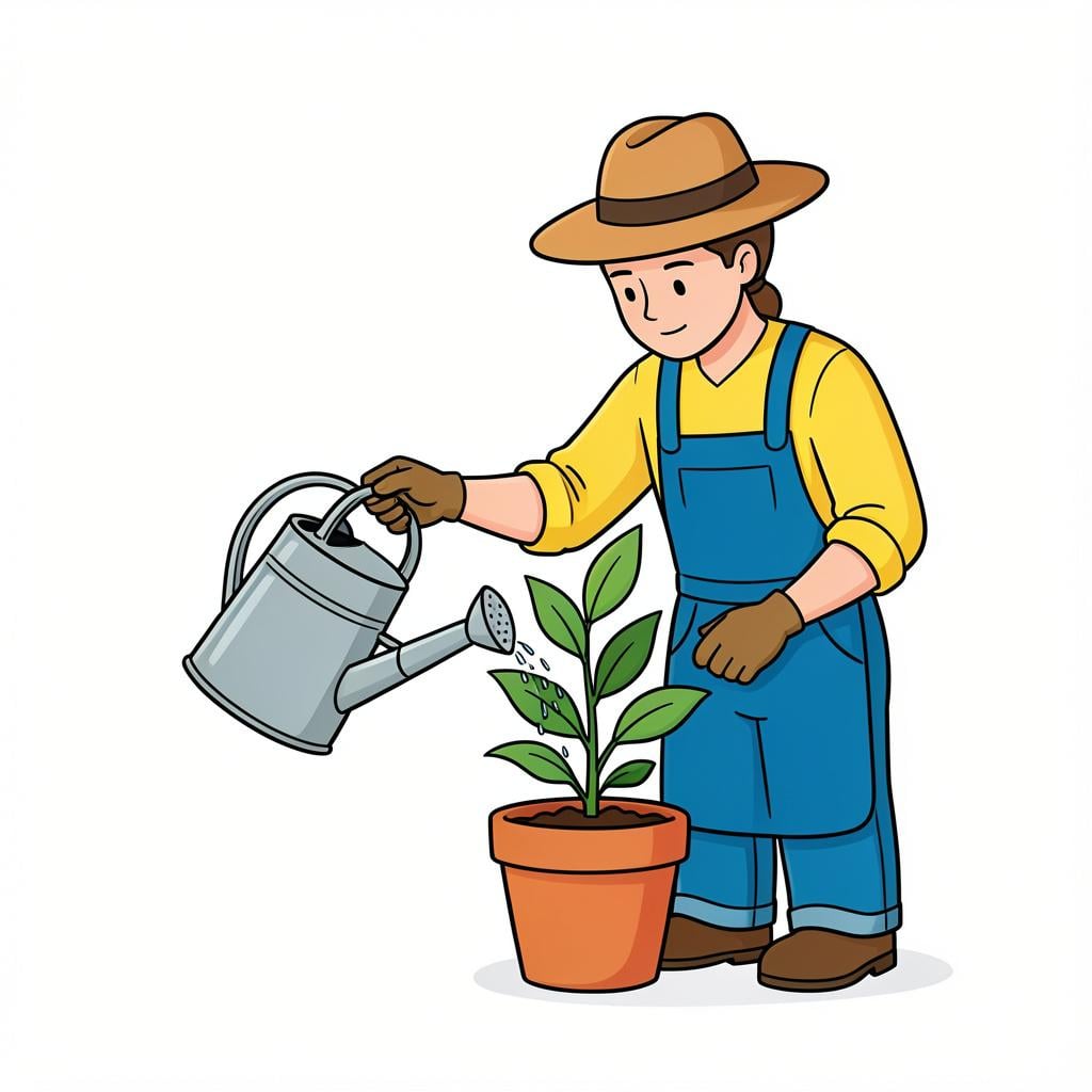 A gardener carefully watering a small, vibrant green plant in a pot.