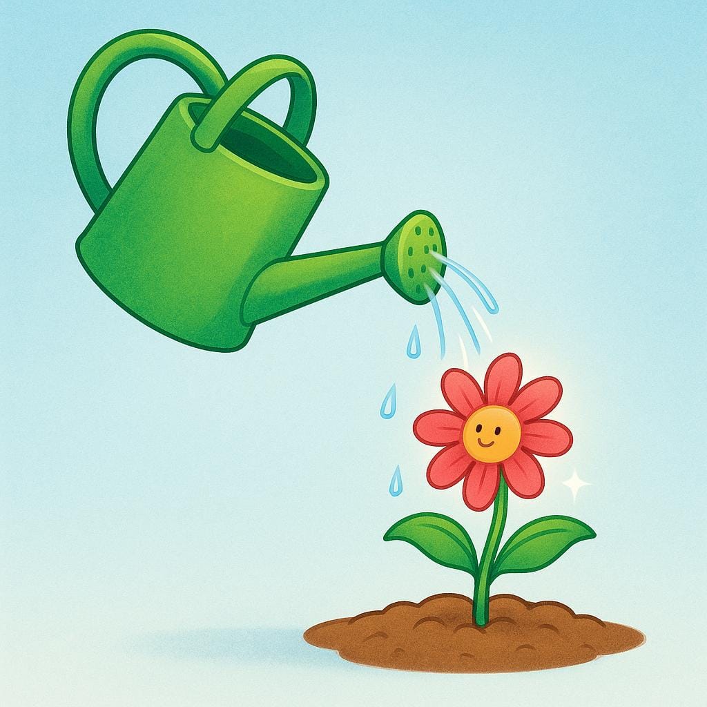明るい緑色のジョウロが、土のパッチにある小さくて喉が渇いた花に水を注いでおり、花が瞬時に元気を取り戻し健康的に見える様子。