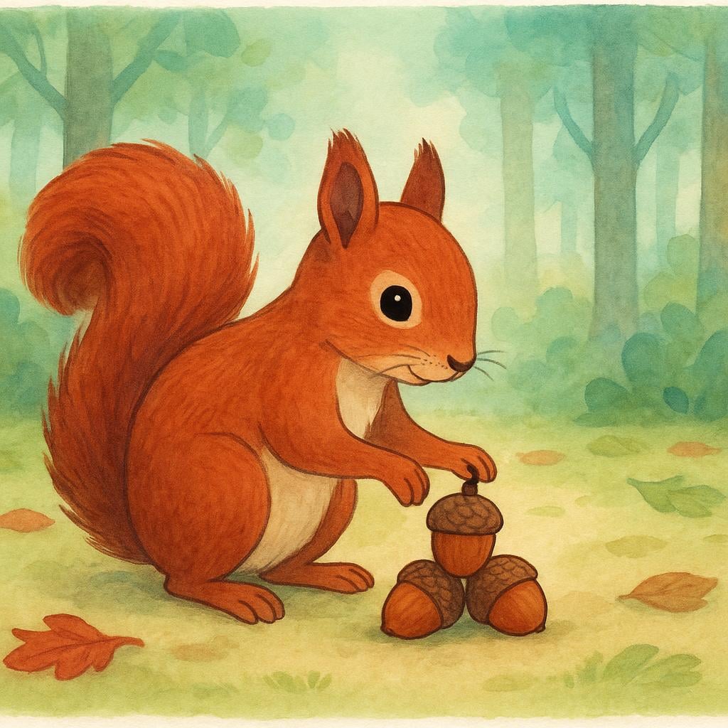 A friendly squirrel placing several distinct acorns into a pile near a tree root.