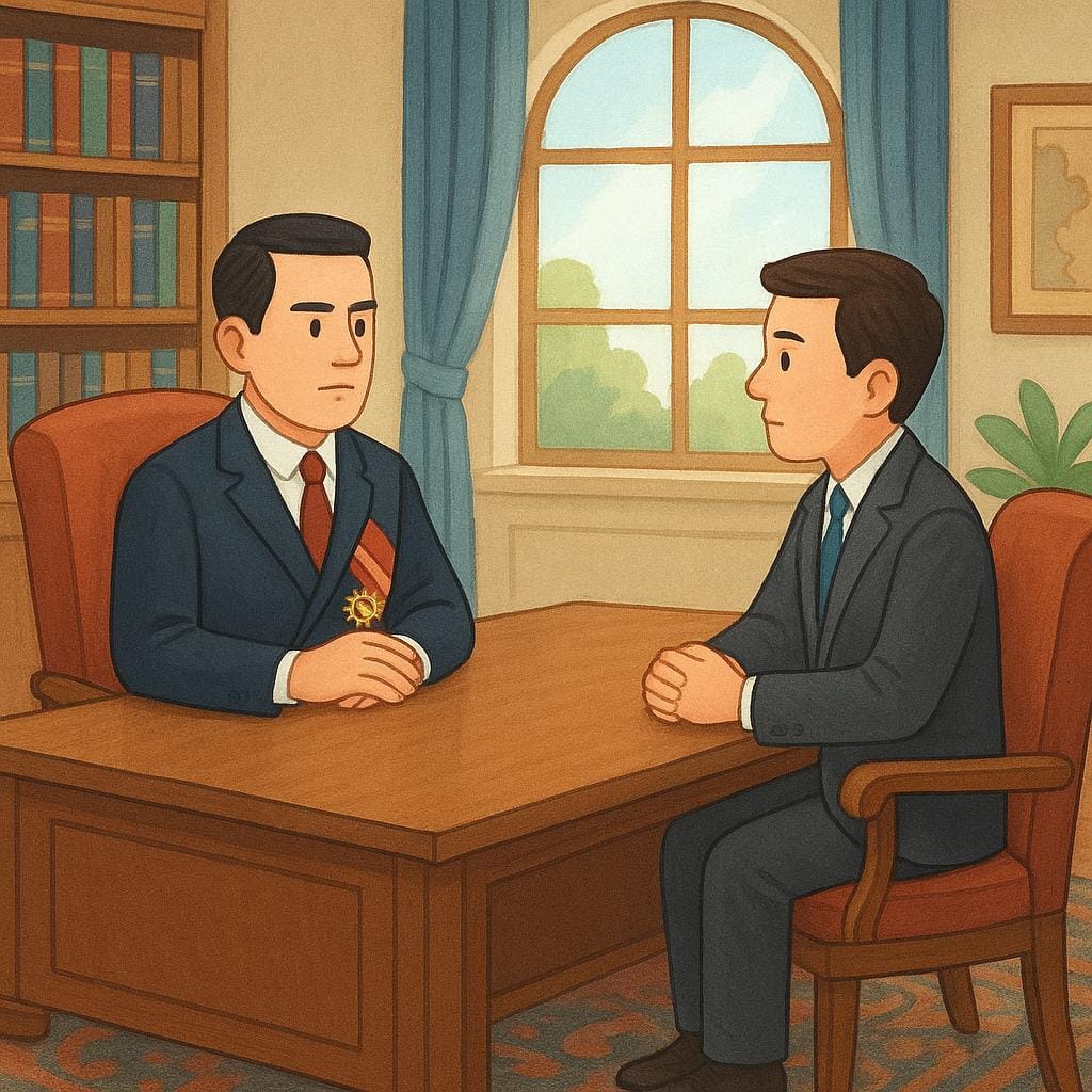 Two people sitting formally across a large desk in a stately office, engaged in a serious one-on-one meeting.