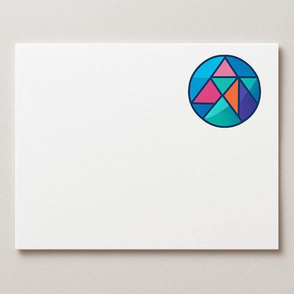 A pristine white sheet of official paper lying flat, marked only by a large, colorful, abstract geometric seal in the corner, representing an official document.