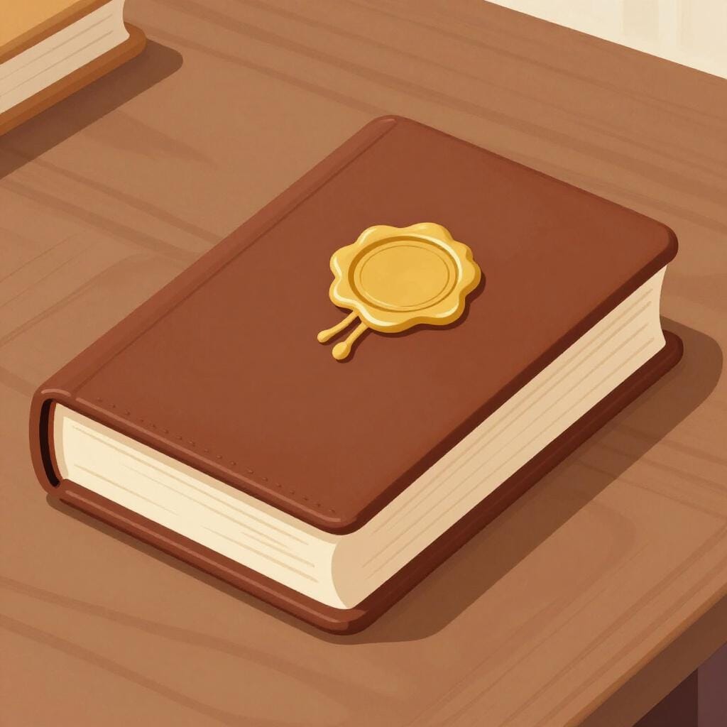 Een dik, leergebonden boek met een gouden zegel op de kaft, liggend op een houten tafel.