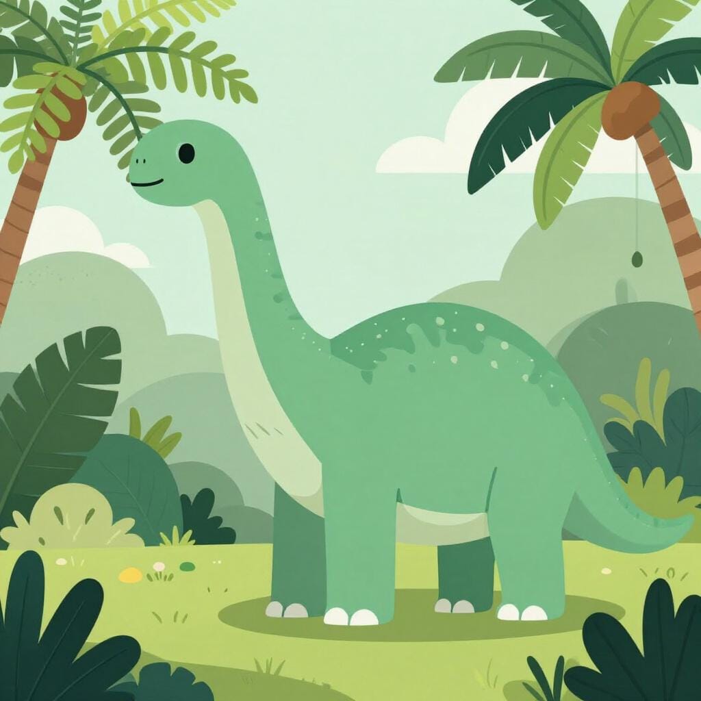 A friendly green long-necked dinosaur standing in a lush prehistoric jungle.