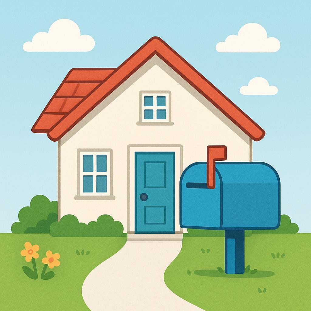 A simple, friendly-looking building with a red roof, representing a post office, with a large blue mailbox outside.