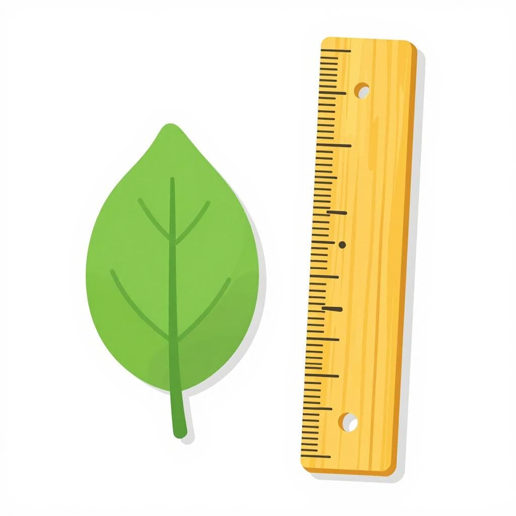 A wooden ruler laying next to a small green leaf to measure its length.