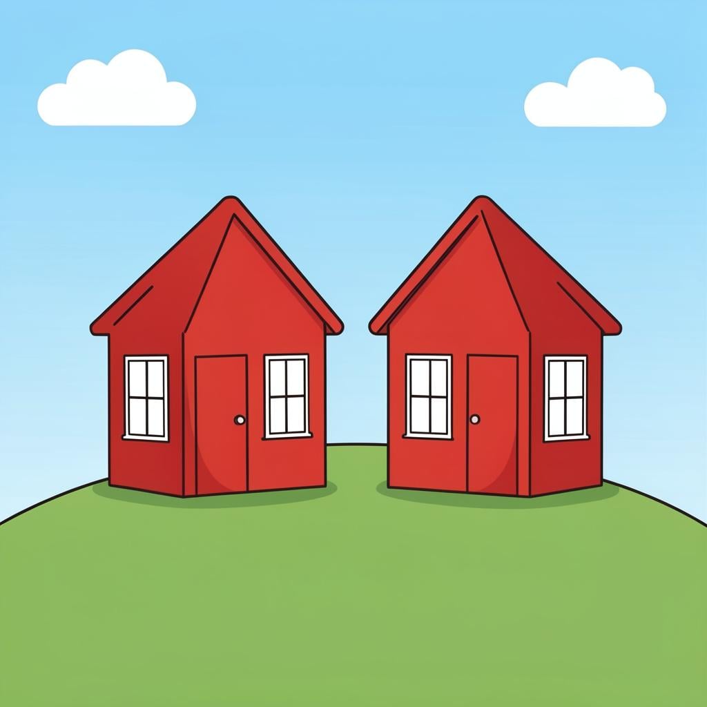 Two identical red houses built side by side in the same style.