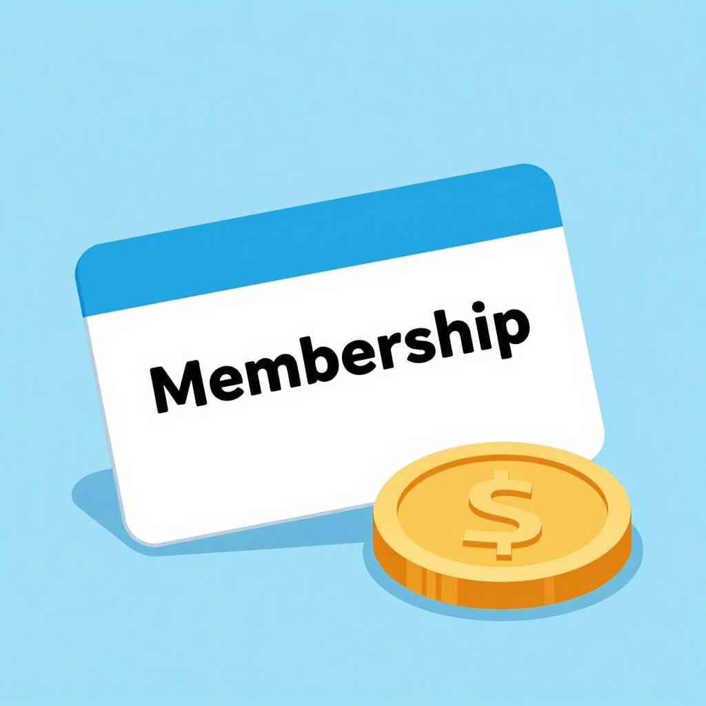 A colorful membership card and a shiny gold coin on a simple background.