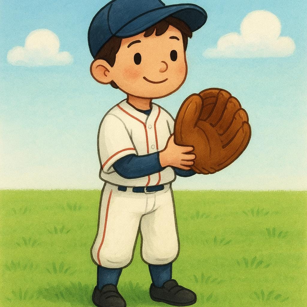 A young baseball player wearing a slightly oversized uniform and a large baseball glove stands eagerly on a bright green field.