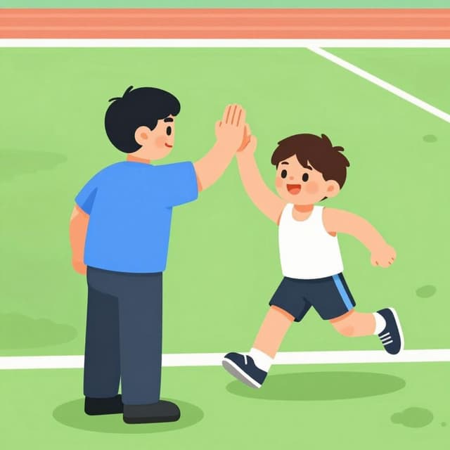 Un coach donne une tape dans le dos à un athlète souriant sur une piste ensoleillée.