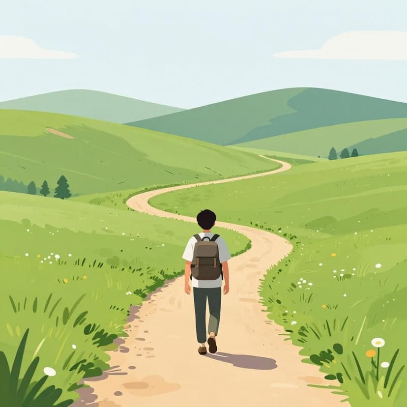 A hiker with a backpack walking forward along a winding dirt path through a sunny green meadow.
