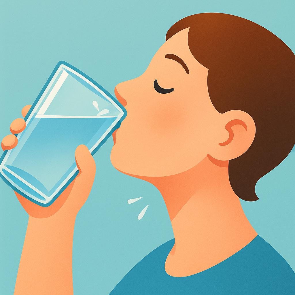 Une illustration simple de livre d'images montrant le profil d'une personne prenant une grande gorgée de liquide dans un verre transparent, soulignant le mouvement d'avaler.