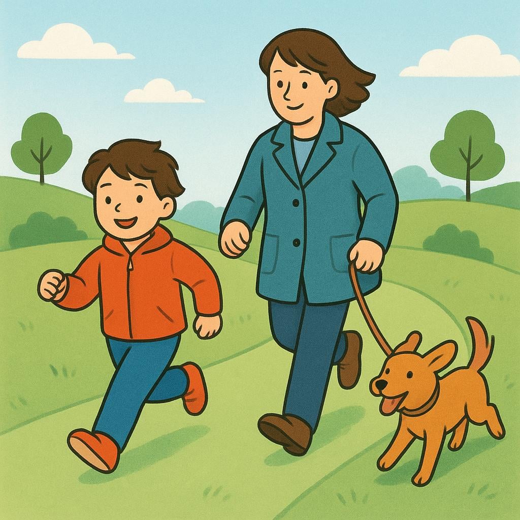 A storybook illustration showing three distinct figures—a child, an adult, and a dog—walking briskly along a simple green path directly toward the viewer.