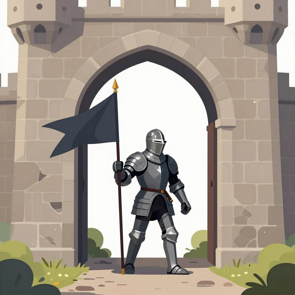 A knight in dark armor stepping through a castle gate, holding a flag.