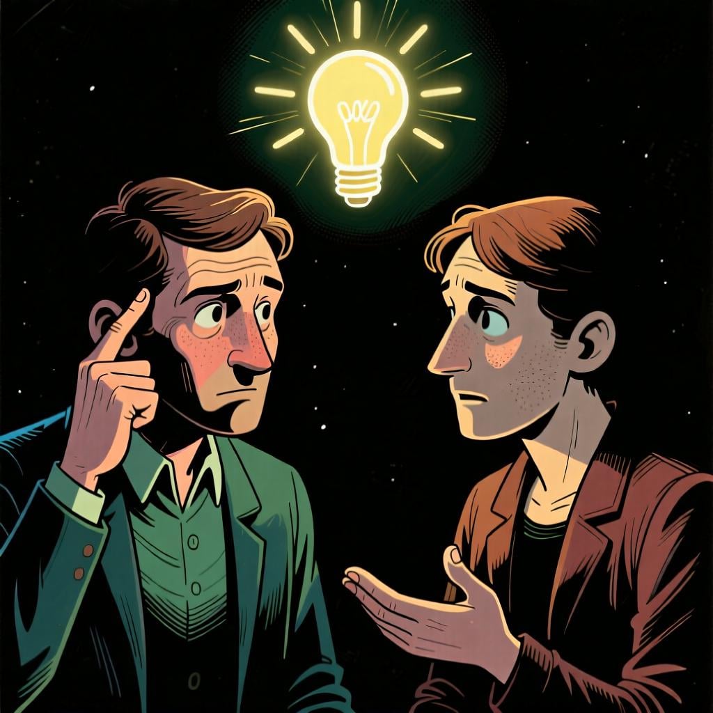 Two people talking, with one pointing to their head as a lightbulb icon glows above it, signifying 'ahí' as the key point of an idea.