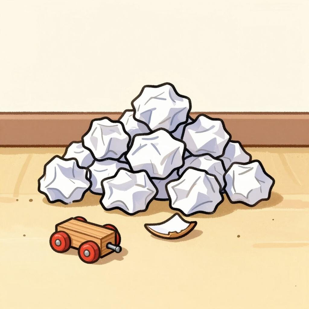 A pile of discarded items like crumpled paper and a broken toy.