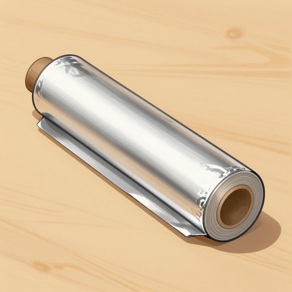 A shiny, silver-colored roll of aluminum foil sitting on a wooden kitchen counter.