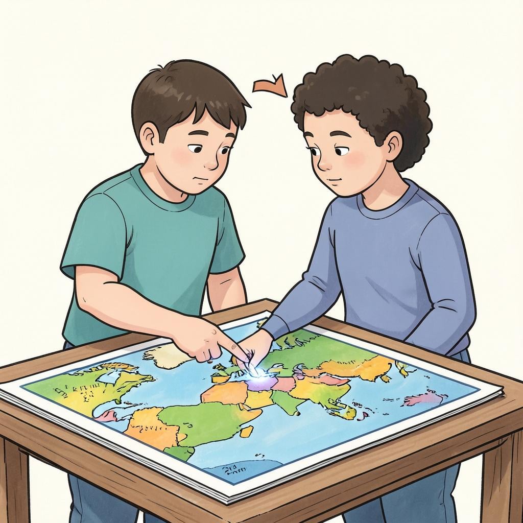 A friendly person pointing at a colorful map while another person watches and listens intently.