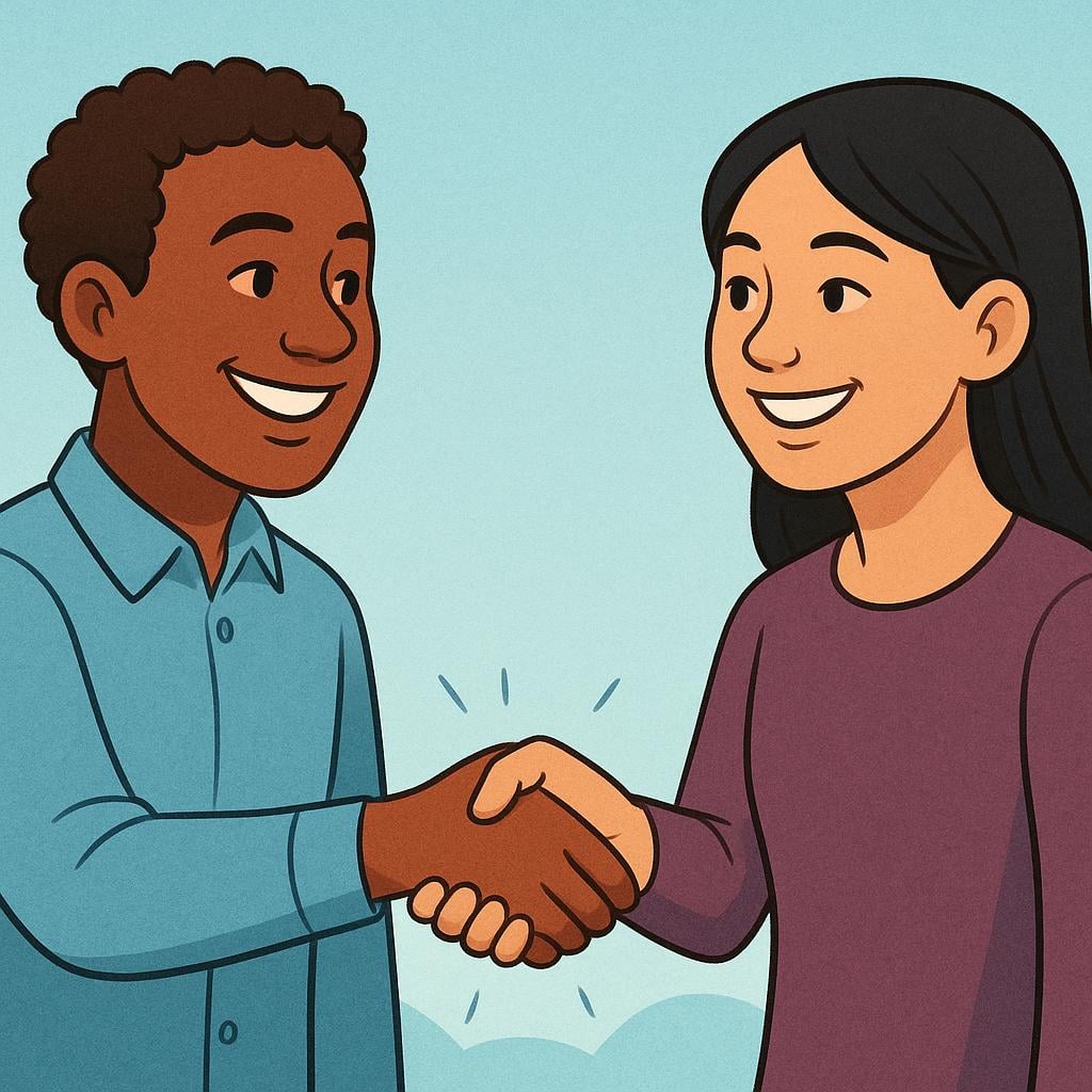 Two diverse people shaking hands with an exaggeratedly firm grip, symbolizing sincerity and genuine agreement.