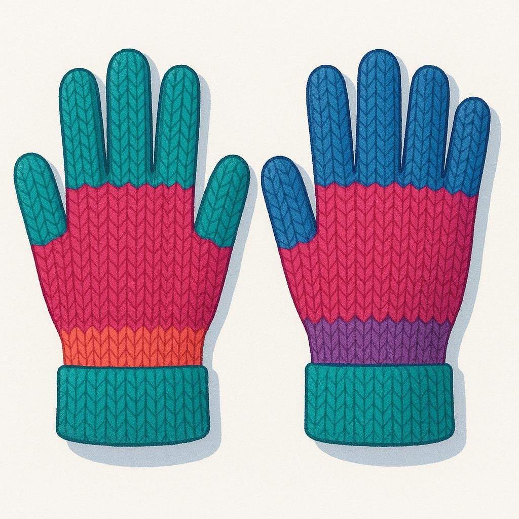 A close-up view of a pair of brightly colored, knitted gloves displayed side-by-side on a simple background.