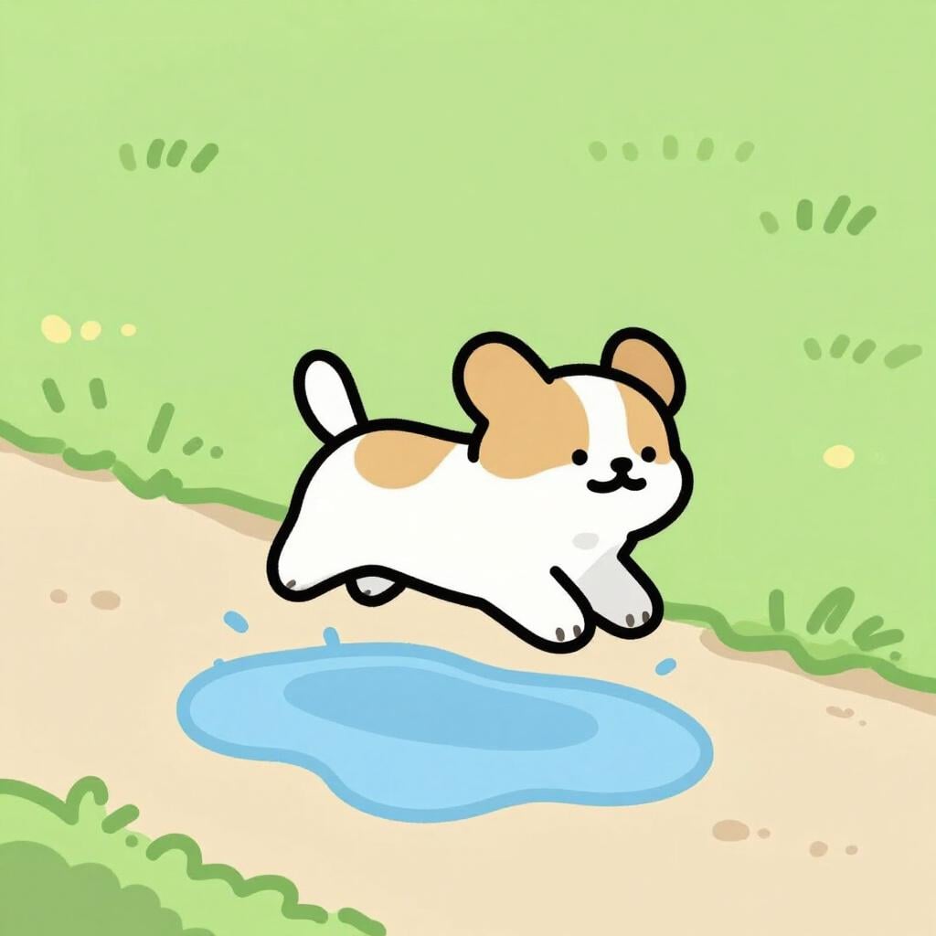 Een kleurrijke illustratie van een kleine hond die moed toont door succesvol over een grote plas op een pad te springen.