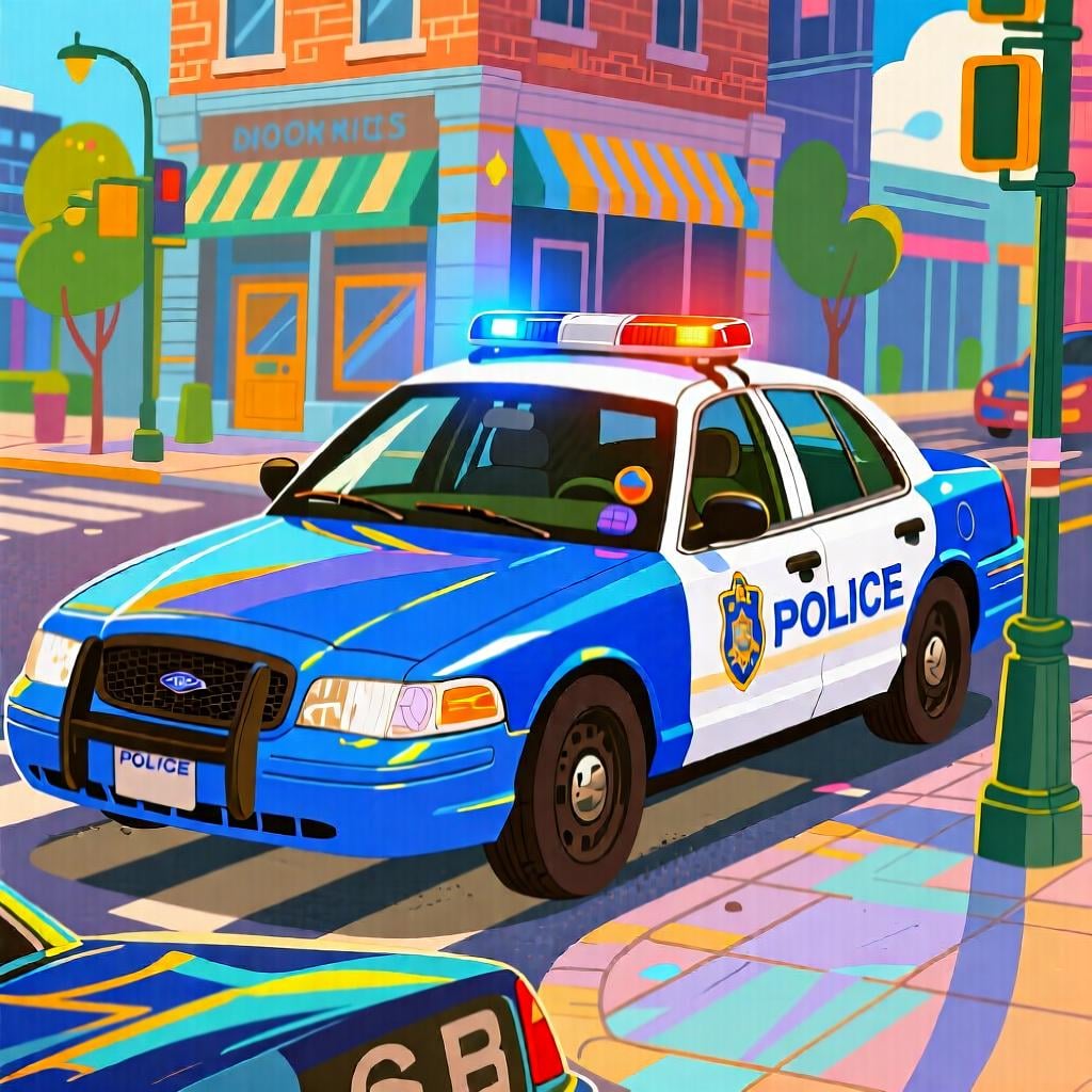 A brightly colored, stylized police patrol car with flashing blue and red lights, representing the police institution.