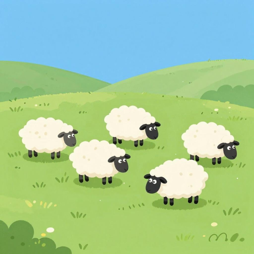 Eine Gruppe von flauschigen weißen Schafen, die zusammen auf einem grünen Hügel grasen.