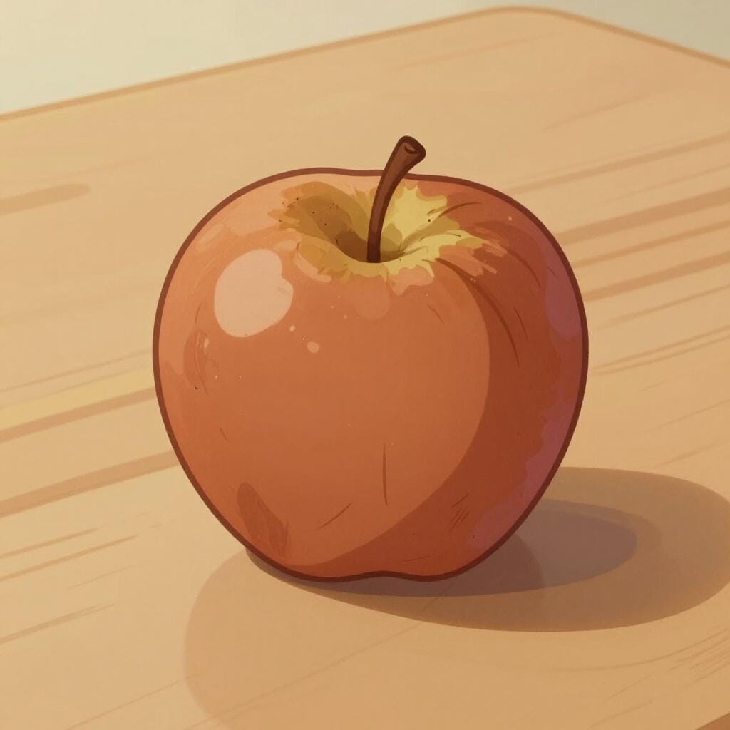 A brown, soft apple with a small green sprout on a simple wooden surface.