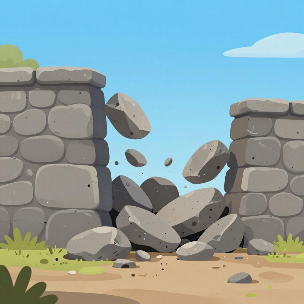 A large stone wall with a section falling apart into a pile of rubble.