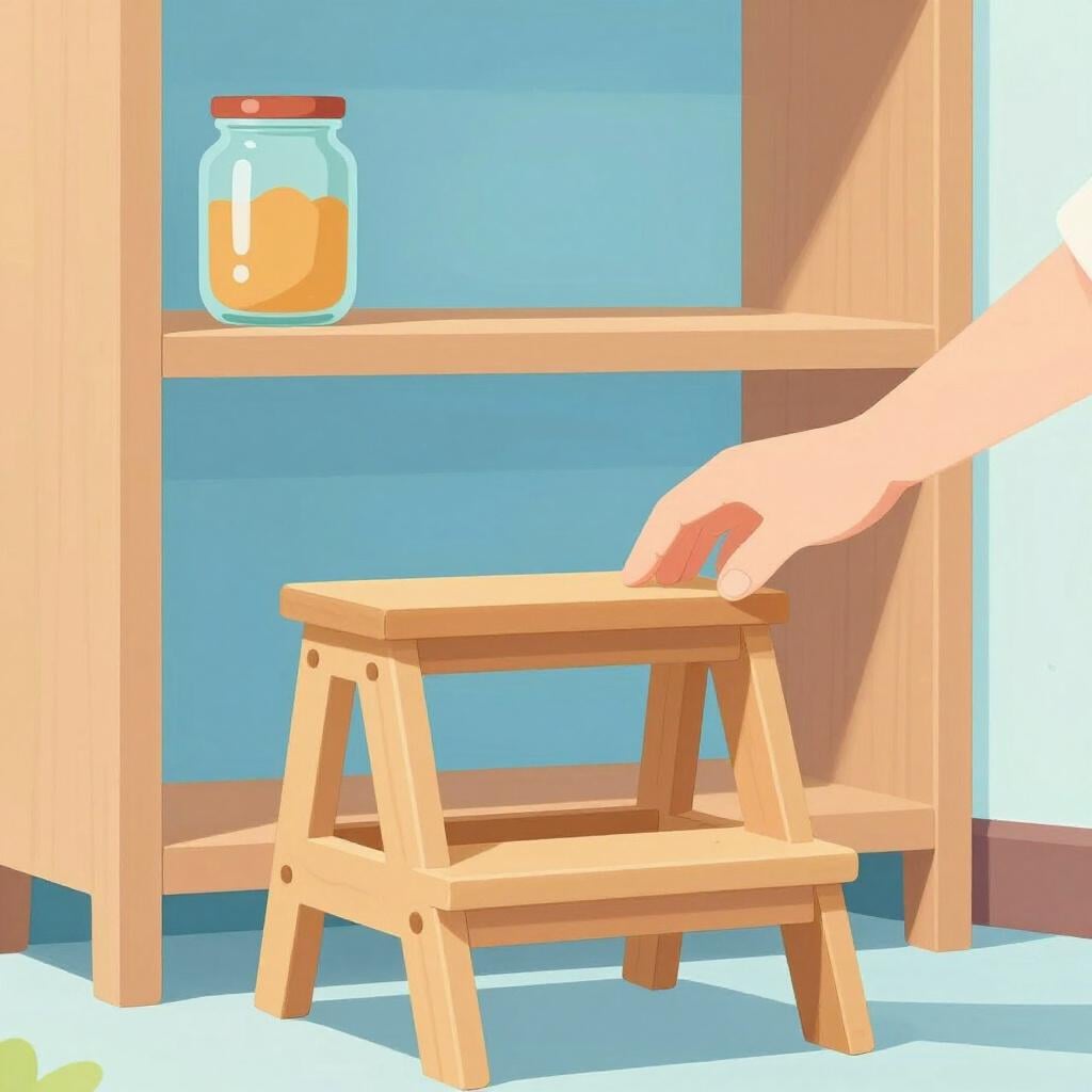A small wooden stool being used to reach a high shelf.