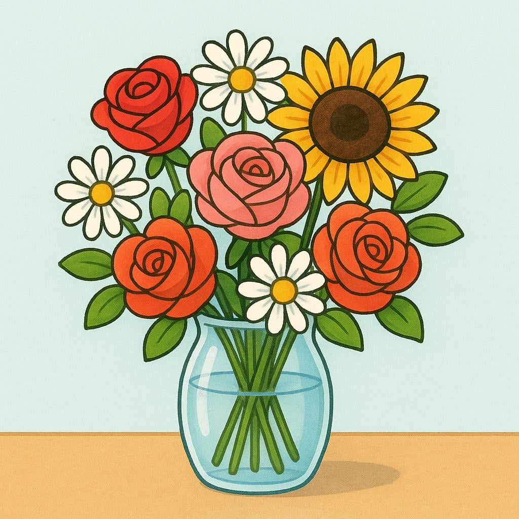 A simple illustration of a bouquet of mixed colorful flowers, including roses, daisies, and sunflowers, placed in a clear glass vase.