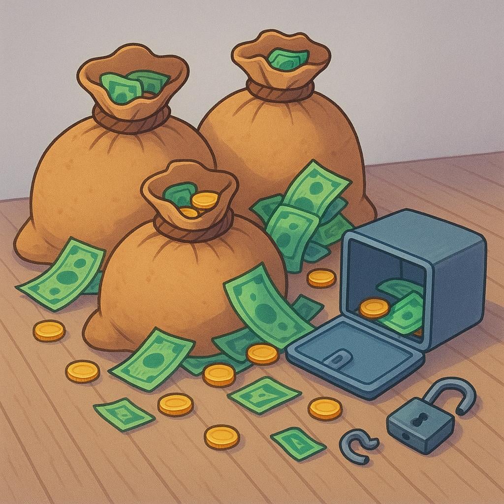 A collection of items that have been stolen, including three large sacks overflowing with jewelry and coins, symbolizing multiple robberies.