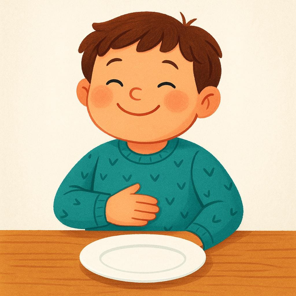 Un bambino seduto a un tavolo da pranzo vuoto, sorridente e dandosi pacche sulla pancia piena, indicando che aveva finito di mangiare.