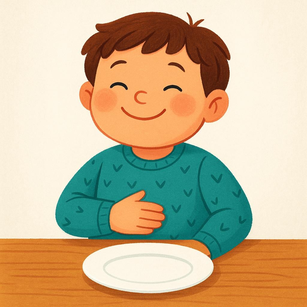 A child sitting at an empty dining table, smiling and patting their full stomach, indicating that they had finished eating.