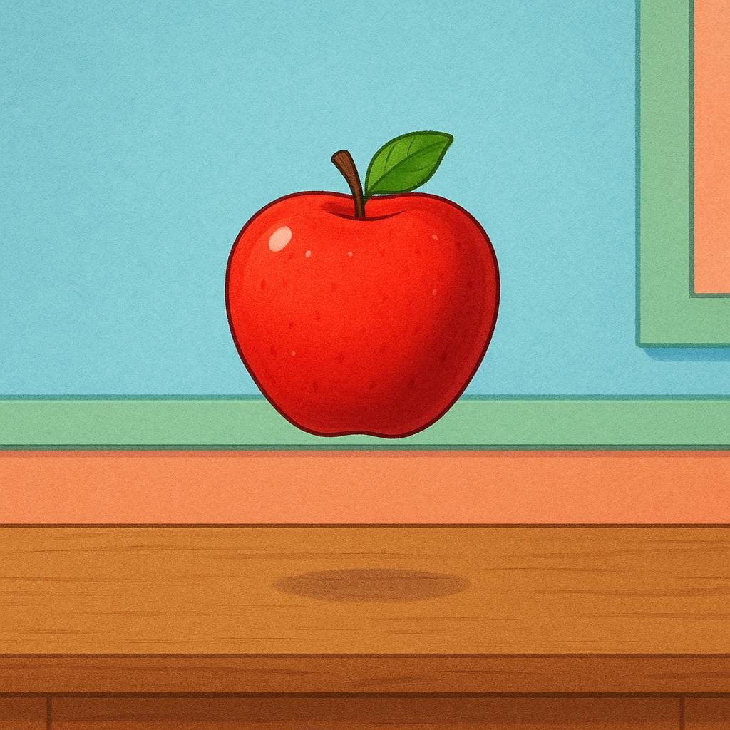 A bright red apple is suspended and floating in mid-air above a wooden table, suggesting an invisible object or force is holding it.