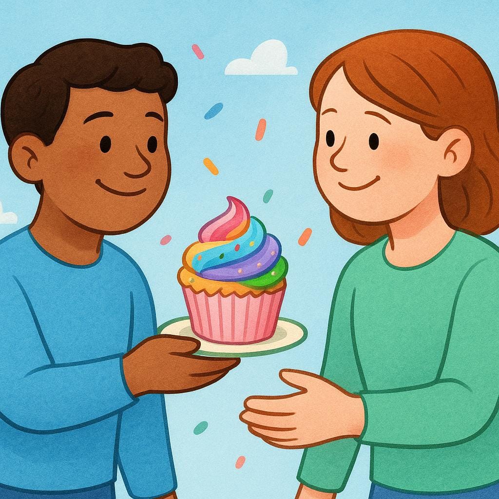 Une illustration de livre d'histoires colorée d'une personne offrant joyeusement un cupcake brillamment décoré à une autre personne, symbolisant l'ordre « Profite ! ».