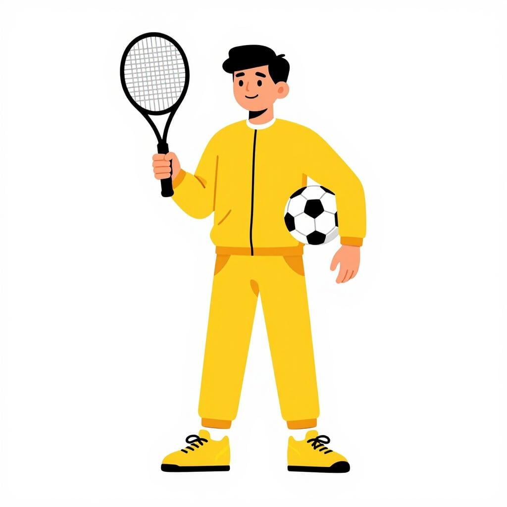 Une personne vêtue d'un survêtement tenant une raquette de tennis et un ballon de football.