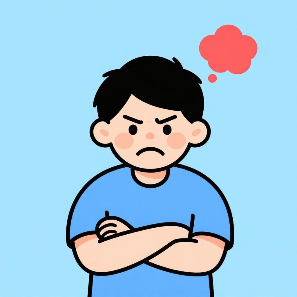 A cartoon character with crossed arms and a slight frown, looking away with a huff.
