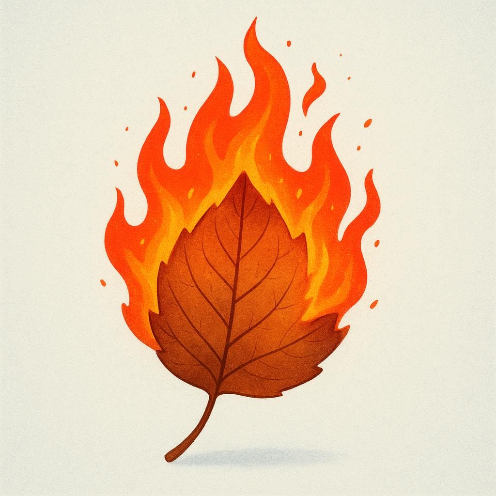 A single dry brown leaf actively catching fire, with intense orange and red flames consuming its edge, illustrating the present tense action.