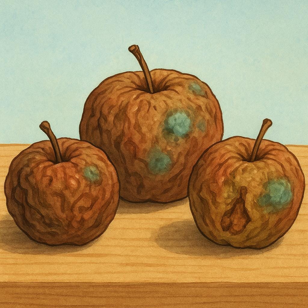 A close-up illustration of three brown, shriveled, and partially molded apples sitting on a clean wooden table, indicating low quality.