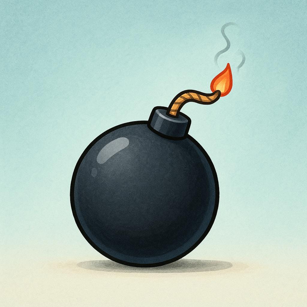 A classic round black bomb with a burning fuse, ready to explode.